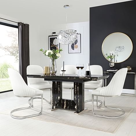 Florence Extending Dining Table & 4 Riva Chairs, Black Marble Effect, White Premium Faux Leather & Chrome, 120-160cm