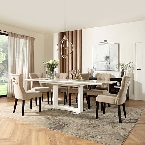 Tokyo Extending Dining Table & 8 Kensington Chairs, White High Gloss, Champagne Classic Velvet & Black Solid Hardwood, 160-220cm