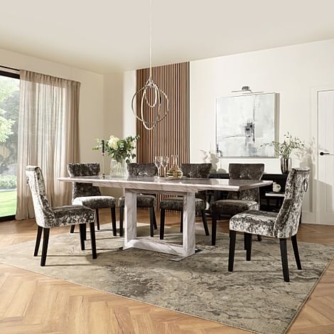 Tokyo Extending Dining Table & 4 Kensington Chairs, Grey Marble Effect, Silver Crushed Velvet & Black Solid Hardwood, 160-220cm