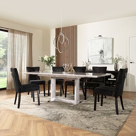 Tokyo Extending Dining Table & 6 Kensington Chairs, Grey Marble Effect, Black Classic Velvet & Black Solid Hardwood, 160-220cm