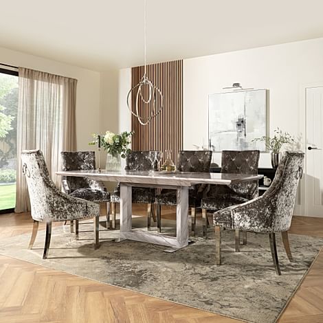 Tokyo Extending Dining Table & 4 Imperial Chairs, Grey Marble Effect, Silver Crushed Velvet & Chrome, 160-220cm