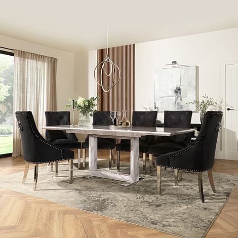 Tokyo Extending Dining Table & 6 Imperial Chairs, Grey Marble Effect, Black Classic Velvet & Chrome, 160-220cm