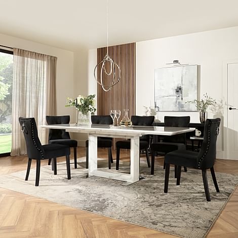 Tokyo Extending Dining Table & 6 Kensington Chairs, White Marble Effect, Black Classic Velvet & Black Solid Hardwood, 160-220cm