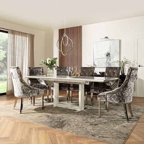 Tokyo Extending Dining Table & 4 Imperial Chairs, White Marble Effect, Silver Crushed Velvet & Chrome, 160-220cm