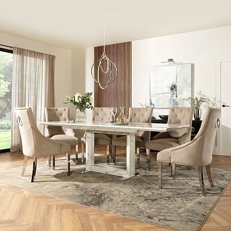 Tokyo Extending Dining Table 8 Imperial Chairs White Marble Effect Champagne Classic Velvet Chrome 160 220cm