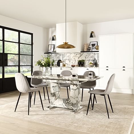 Florence Extending Dining Table & 4 Brooklyn Chairs, Calacatta Viola Marble Effect, Grey Classic Velvet & Black Steel, 120-160cm