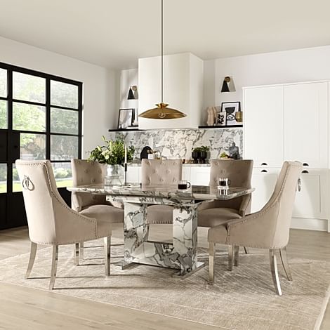 Florence Extending Dining Table & 4 Imperial Chairs, Calacatta Viola Marble Effect, Champagne Classic Velvet & Chrome, 120-160cm