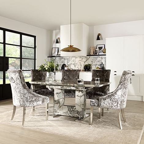Florence Extending Dining Table & 6 Imperial Chairs, Calacatta Viola Marble Effect, Silver Crushed Velvet & Chrome, 120-160cm