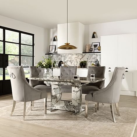 Florence Extending Dining Table & 6 Imperial Chairs, Calacatta Viola Marble Effect, Grey Classic Velvet & Chrome, 120-160cm