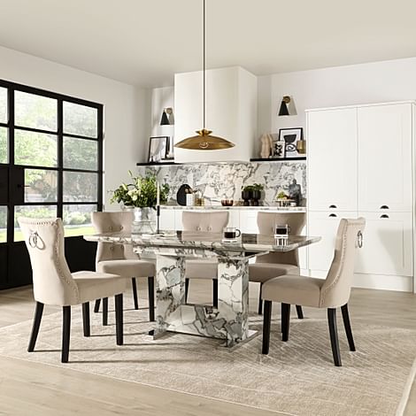 Florence Extending Dining Table & 6 Kensington Chairs, Calacatta Viola Marble Effect, Champagne Classic Velvet & Black Solid Hardwood, 120-160cm
