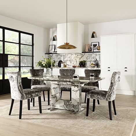 Florence Extending Dining Table & 4 Kensington Chairs, Calacatta Viola Marble Effect, Silver Crushed Velvet & Black Solid Hardwood, 120-160cm