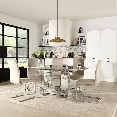 Florence Extending Dining Table & 4 Perth Chairs, Calacatta Viola Marble Effect, Champagne Classic Velvet & Chrome, 120-160cm