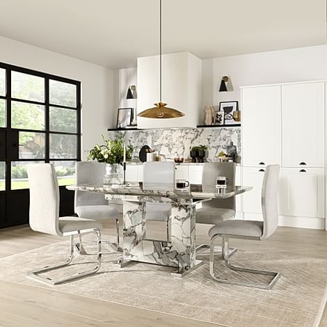 Florence Extending Dining Table & 4 Perth Chairs, Calacatta Viola Marble Effect, Dove Grey Classic Plush Fabric & Chrome, 120-160cm