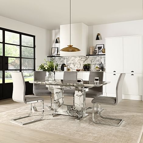Florence Extending Dining Table & 4 Perth Chairs, Calacatta Viola Marble Effect, Grey Classic Velvet & Chrome, 120-160cm