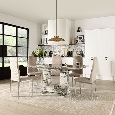 Florence Extending Dining Table & 4 Renzo Chairs, Calacatta Viola Marble Effect, Champagne Classic Velvet & Chrome, 120-160cm