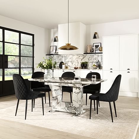 Florence Extending Dining Table & 4 Ricco Chairs, Calacatta Viola Marble Effect, Black Classic Velvet & Black Steel, 120-160cm