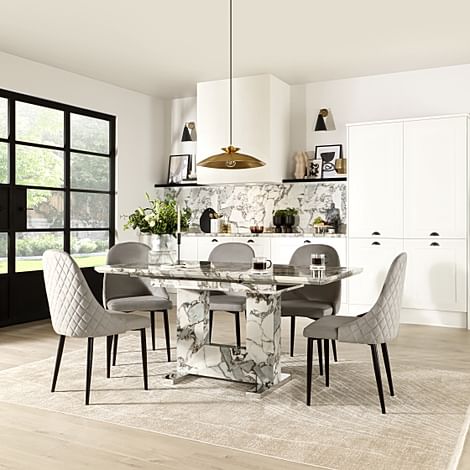 Florence Extending Dining Table & 4 Ricco Chairs, Calacatta Viola Marble Effect, Grey Classic Velvet & Black Steel, 120-160cm