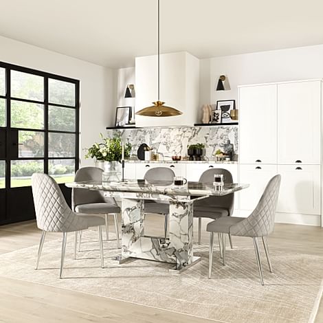 Florence Extending Dining Table & 4 Ricco Chairs, Calacatta Viola Marble Effect, Grey Classic Velvet & Chrome, 120-160cm