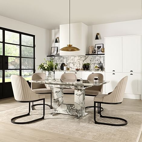 Florence Extending Dining Table & 4 Riva Chairs, Calacatta Viola Marble Effect, Champagne Classic Velvet & Black Steel, 120-160cm