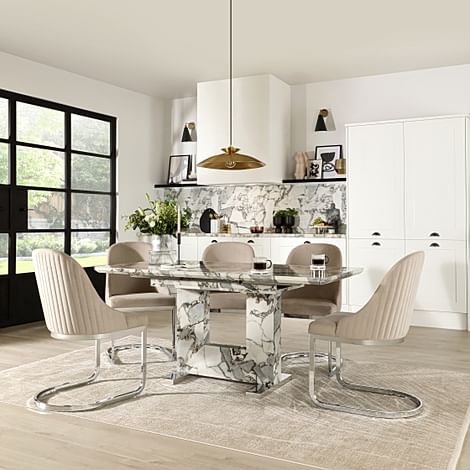 Florence Extending Dining Table & 4 Riva Chairs, Calacatta Viola Marble Effect, Champagne Classic Velvet & Chrome, 120-160cm
