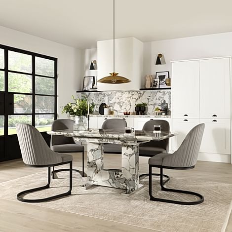 Florence Extending Dining Table & 4 Riva Chairs, Calacatta Viola Marble Effect, Grey Classic Velvet & Black Steel, 120-160cm