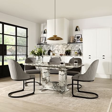 Florence Extending Dining Table & 6 Riva Chairs, Calacatta Viola Marble Effect, Grey Classic Velvet & Black Steel, 120-160cm