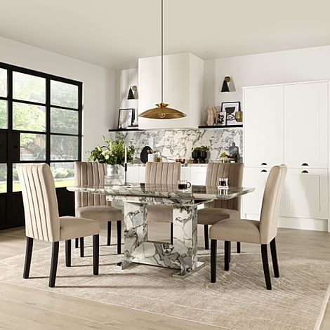 Florence Extending Dining Table & 4 Salisbury Chairs, Calacatta Viola Marble Effect, Champagne Classic Velvet & Black Solid Hardwood, 120-160cm