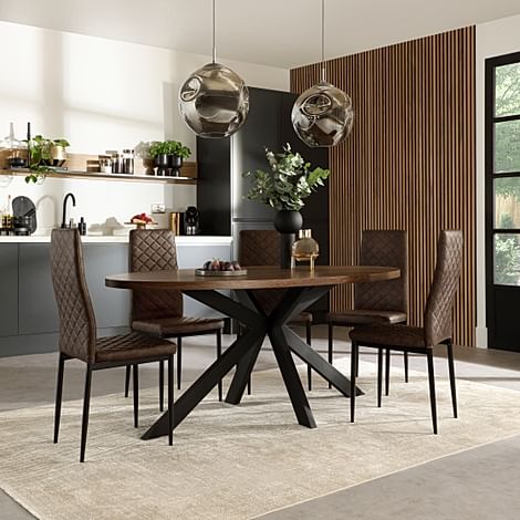 Madison Oval Industrial Dining Table & 4 Renzo Chairs, Walnut Effect & Black Steel, Vintage Brown Classic Faux Leather, 180cm