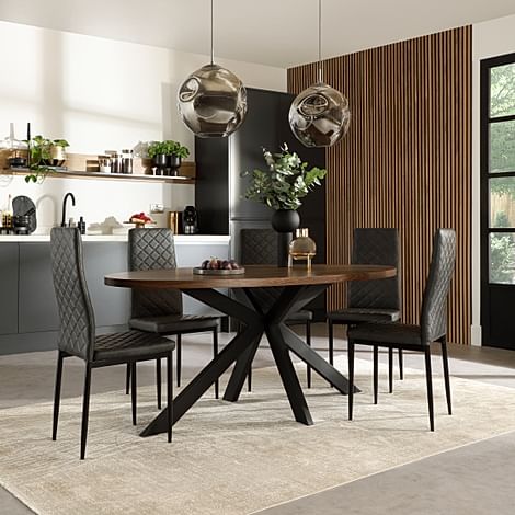 Madison Oval Industrial Dining Table & 4 Renzo Chairs, Walnut Effect & Black Steel, Vintage Grey Premium Faux Leather, 180cm