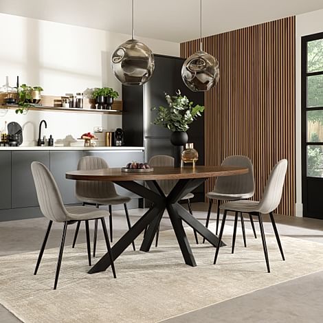 Madison Oval Industrial Dining Table & 4 Brooklyn Chairs, Walnut Effect & Black Steel, Grey Classic Velvet, 180cm