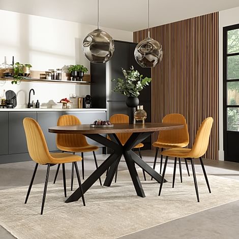 Madison Oval Industrial Dining Table & 6 Brooklyn Chairs, Walnut Effect & Black Steel, Mustard Classic Velvet, 180cm