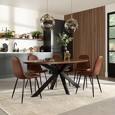 Madison Oval Industrial Dining Table & 4 Brooklyn Chairs, Walnut Effect & Black Steel, Tan Classic Faux Leather, 180cm