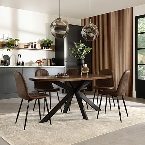 Madison Oval Industrial Dining Table & 4 Brooklyn Chairs, Walnut Effect & Black Steel, Vintage Brown Classic Faux Leather, 180cm