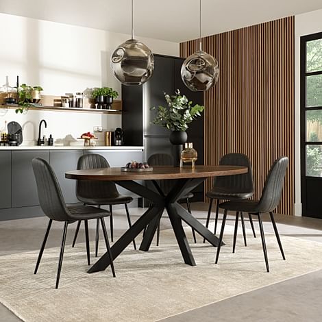 Madison Oval Industrial Dining Table & 4 Brooklyn Chairs, Walnut Effect & Black Steel, Vintage Grey Classic Faux Leather, 180cm