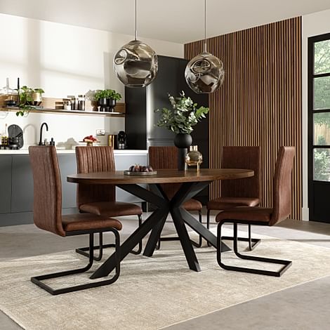Madison Oval Industrial Dining Table & 4 Perth Chairs, Walnut Effect & Black Steel, Tan Classic Faux Leather, 180cm