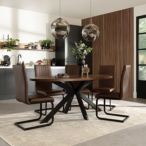 Madison Oval Industrial Dining Table & 6 Perth Chairs, Walnut Effect & Black Steel, Vintage Brown Classic Faux Leather, 180cm