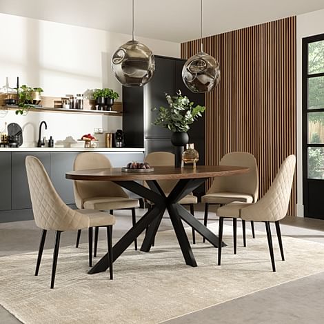 Madison Oval Industrial Dining Table & 4 Ricco Chairs, Walnut Effect & Black Steel, Champagne Classic Velvet, 180cm