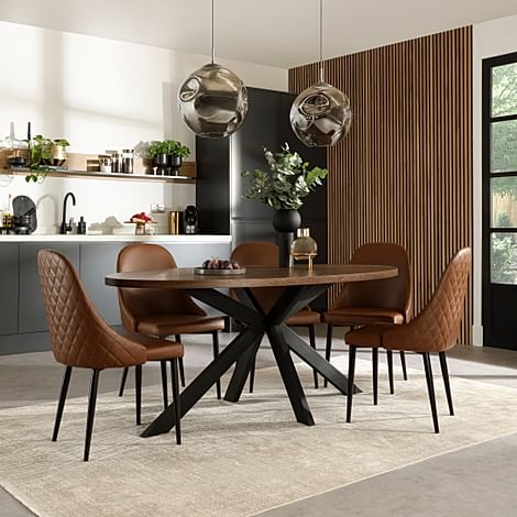 Madison Oval Industrial Dining Table & 4 Ricco Chairs, Walnut Effect & Black Steel, Tan Premium Faux Leather, 180cm