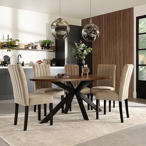 Madison Oval Industrial Dining Table & 4 Salisbury Chairs, Walnut Effect & Black Steel, Champagne Classic Velvet & Black Solid Hardwood, 180cm
