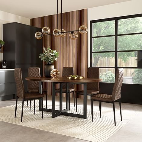 Newbury Oval Industrial Dining Table & 4 Renzo Chairs, Walnut Effect & Black Steel, Vintage Brown Classic Faux Leather, 180cm