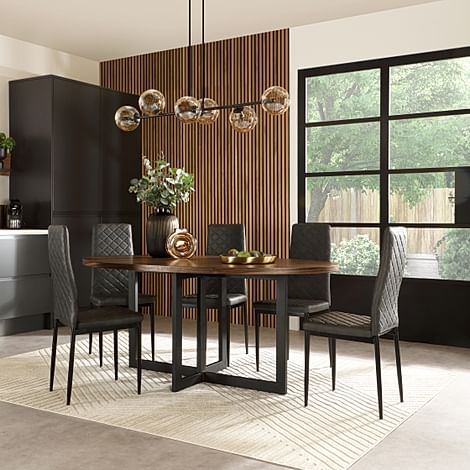 Newbury Oval Industrial Dining Table & 4 Renzo Chairs, Walnut Effect & Black Steel, Vintage Grey Classic Faux Leather, 180cm