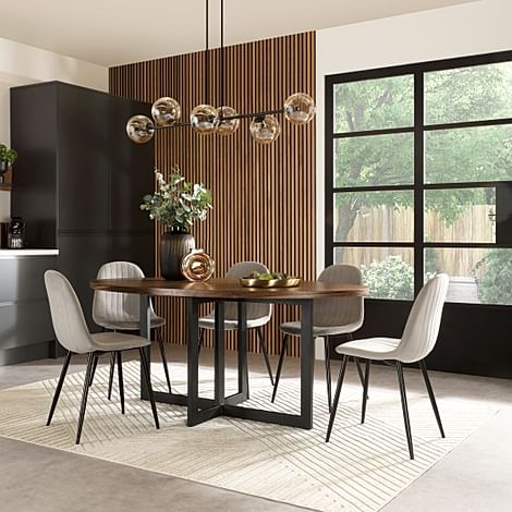 Newbury Oval Industrial Dining Table & 6 Brooklyn Chairs, Walnut Effect & Black Steel, Grey Classic Velvet, 180cm