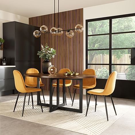 Newbury Oval Industrial Dining Table & 4 Brooklyn Chairs, Walnut Effect & Black Steel, Mustard Classic Velvet, 180cm