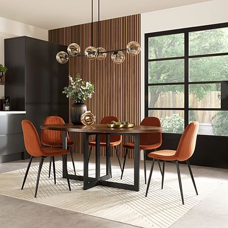 Newbury Oval Industrial Dining Table & 4 Brooklyn Chairs, Walnut Effect & Black Steel, Burnt Orange Classic Velvet, 180cm