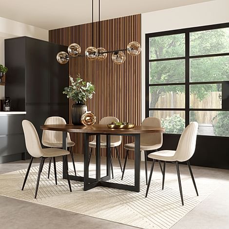 Newbury Oval Industrial Dining Table & 4 Brooklyn Chairs, Walnut Effect & Black Steel, Champagne Classic Velvet, 180cm