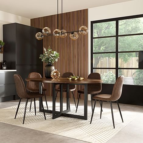 Newbury Oval Industrial Dining Table & 6 Brooklyn Chairs, Walnut Effect & Black Steel, Vintage Brown Classic Faux Leather, 180cm