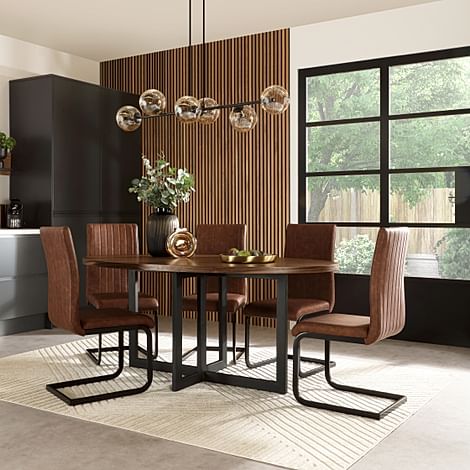 Newbury Oval Industrial Dining Table & 6 Perth Chairs, Walnut Effect & Black Steel, Tan Classic Faux Leather, 180cm