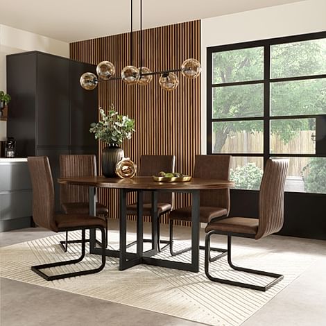 Newbury Oval Industrial Dining Table & 4 Perth Chairs, Walnut Effect & Black Steel, Vintage Brown Classic Faux Leather, 180cm