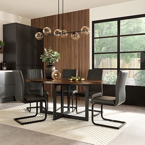 Newbury Oval Industrial Dining Table & 6 Perth Chairs, Walnut Effect & Black Steel, Vintage Grey Classic Faux Leather, 180cm