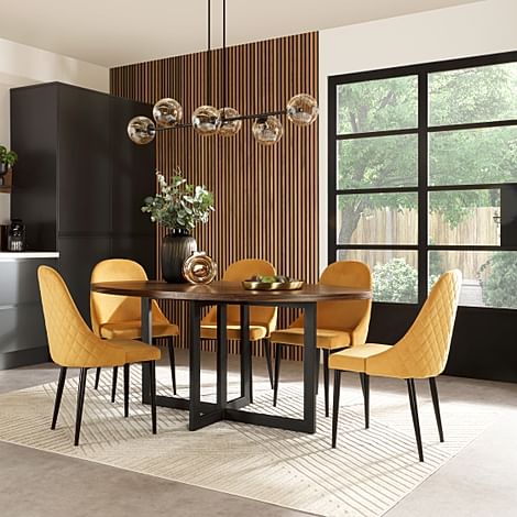 Newbury Oval Industrial Dining Table & 4 Ricco Chairs, Walnut Effect & Black Steel, Mustard Classic Velvet, 180cm